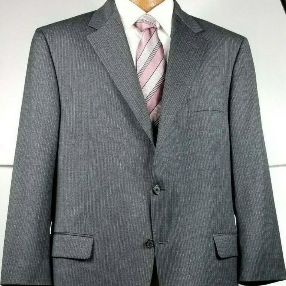 Hickey Freeman Men Suit Wool Gray Blue Stripes 46